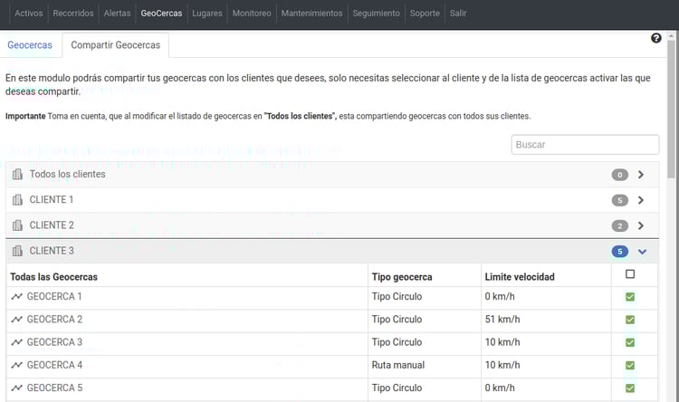 Compartir geocercas con clientes