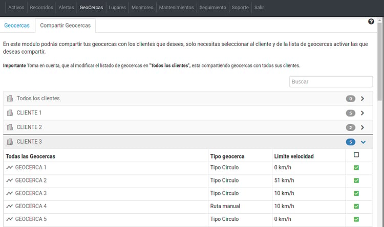 Compartir geocercas con clientes