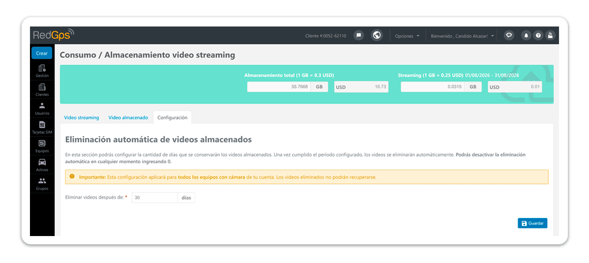 Configuración disponible en OnPartners, en Opciones > Video streaming / almacenamiento > Configuración.
